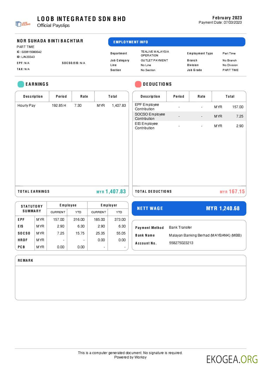 Modèle de fiche de paie de la marque de thé Loob Integrated aux formats Word et PDF.pdf, 1